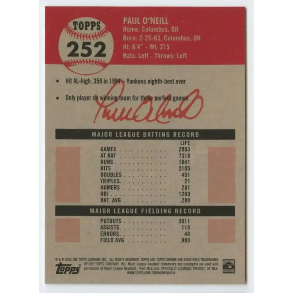2022 Topps Chrome Platinum Anniversary #252 Paul O’Neill NM-MT New York Yankees Baseball Card - Baseball Card Single