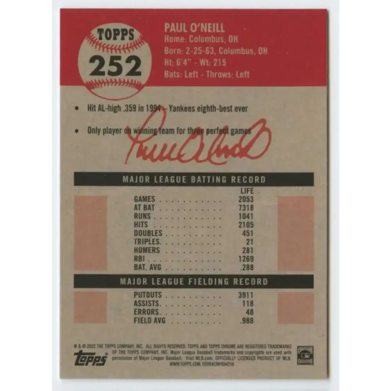 2022 Topps Chrome Platinum Anniversary #252 Paul O’Neill NM-MT New York Yankees Baseball Card - Baseball Card Single