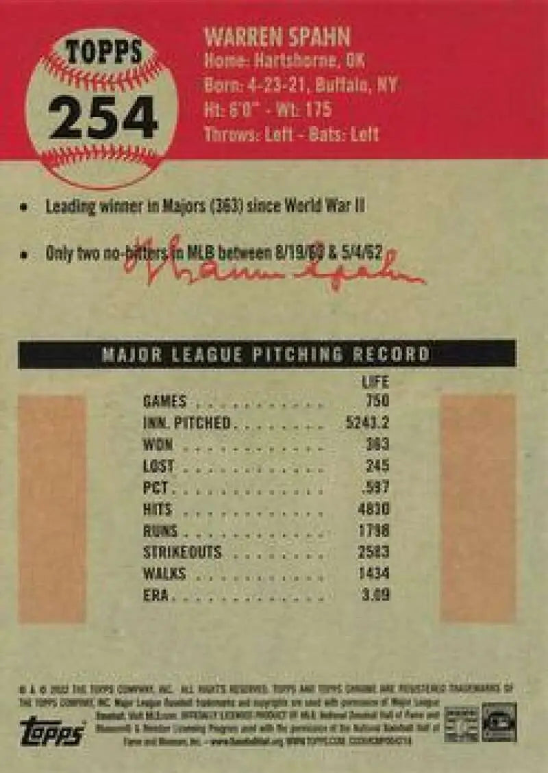 2022 Topps Chrome Platinum Anniversary #254 Warren Spahn EX Excellent Milwaukee Braves Baseball Card - Baseball Card