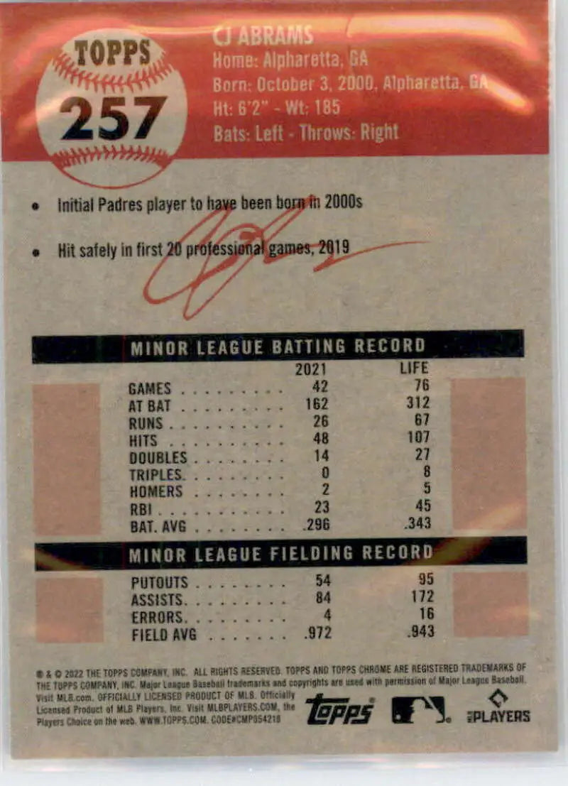 2022 Topps Chrome Platinum Anniversary #257 CJ Abrams EX Excellent RC Rookie San Diego Padres Baseball Card - Baseball