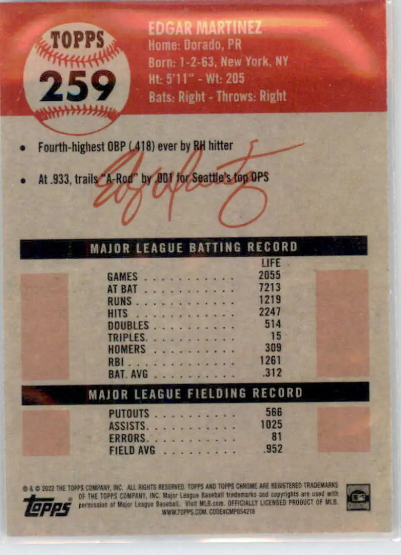 2022 Topps Chrome Platinum Anniversary #259 Edgar Martinez EX Excellent Seattle Mariners Baseball Card - Baseball Card