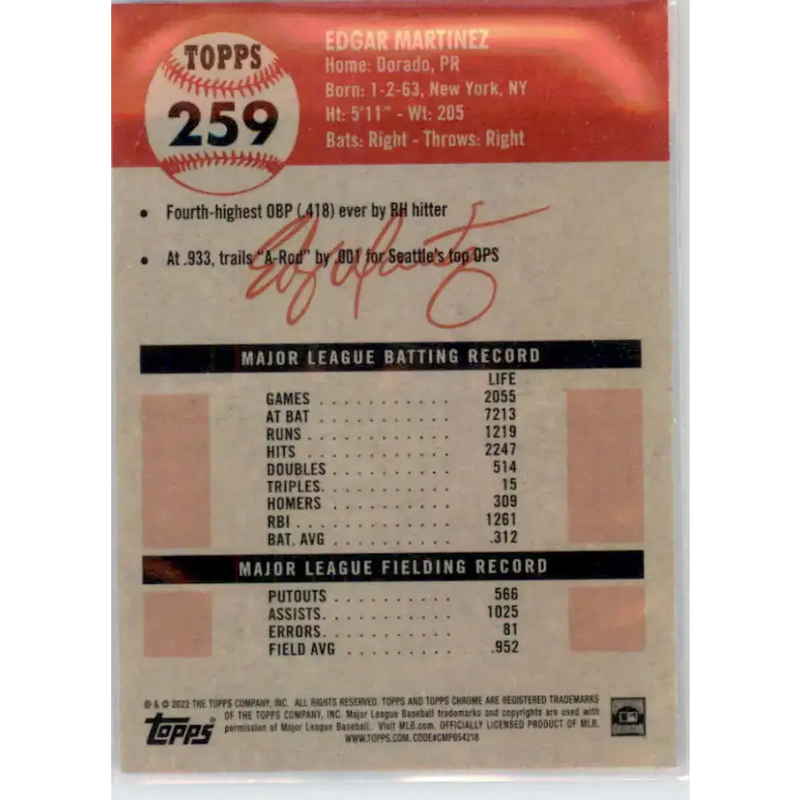2022 Topps Chrome Platinum Anniversary #259 Edgar Martinez NM-MT Seattle Mariners Baseball Card - Baseball Card Single