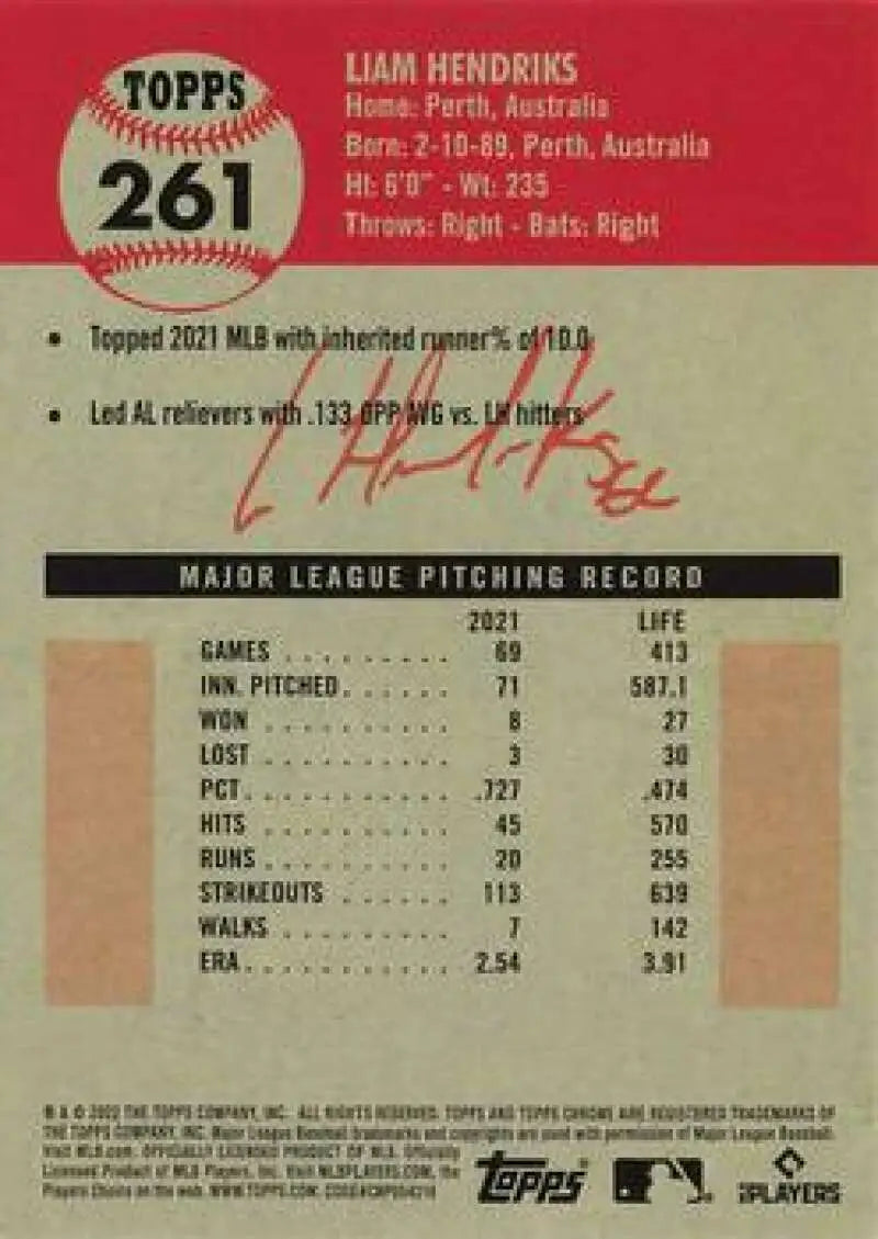 2022 Topps Chrome Platinum Anniversary #261 Liam Hendriks EX Excellent Chicago White Sox Baseball Card - Baseball Card