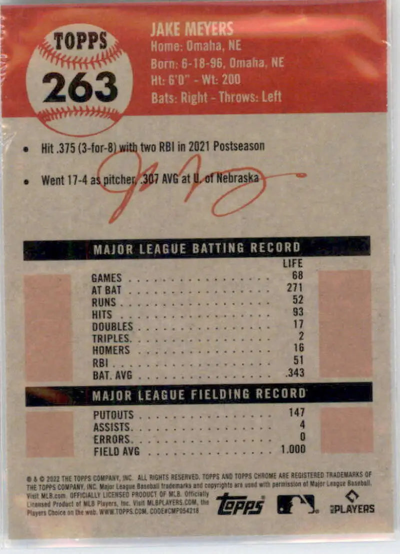2022 Topps Chrome Platinum Anniversary #263 Jake Meyers EX Excellent RC Rookie Houston Astros Baseball Card - Baseball