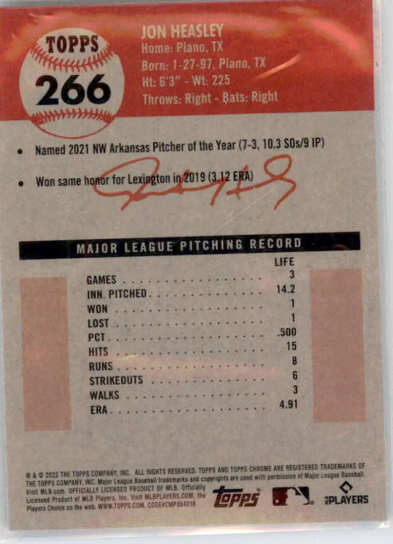 2022 Topps Chrome Platinum Anniversary #266 Jon Heasley EX Excellent RC Rookie Kansas City Royals Baseball Card