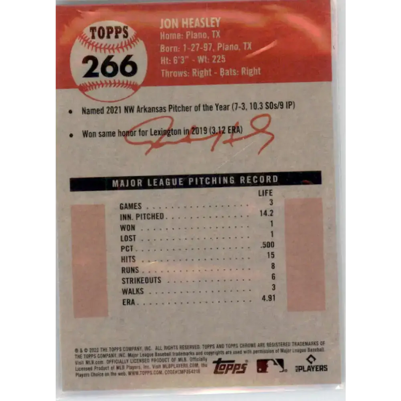 2022 Topps Chrome Platinum Anniversary #266 Jon Heasley NM-MT RC Rookie Kansas City Royals Baseball Card - Baseball