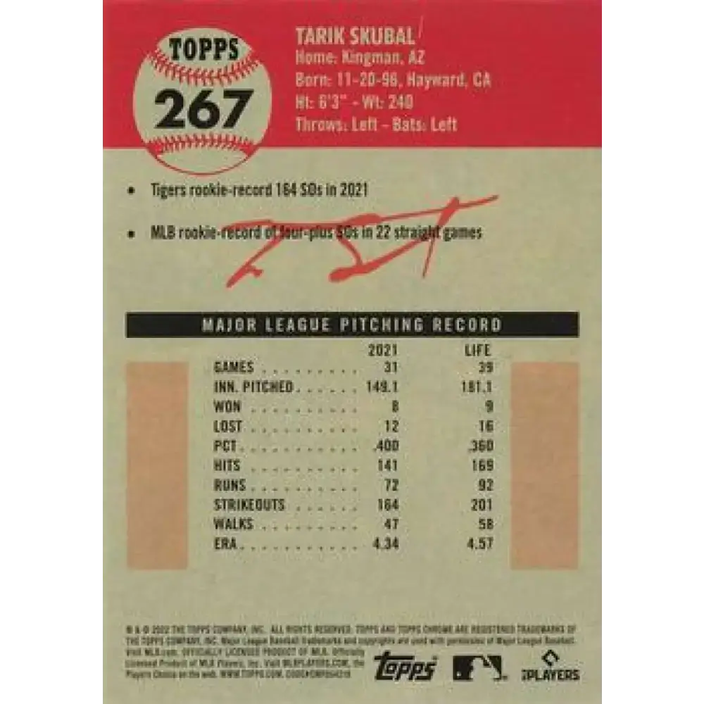 2022 Topps Chrome Platinum Anniversary #267 Tarik Skubal NM-MT Detroit Tigers Baseball Card - Baseball Card Single