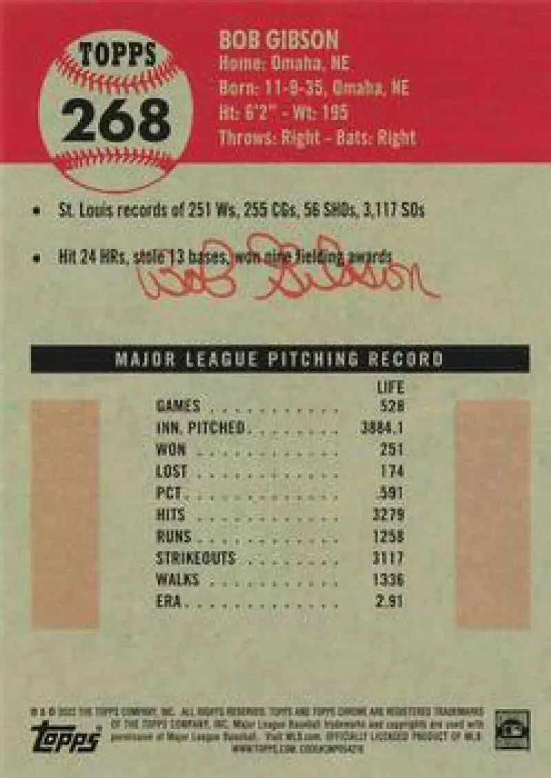 2022 Topps Chrome Platinum Anniversary #268 Bob Gibson EX Excellent St. Louis Cardinals Baseball Card - Baseball Card