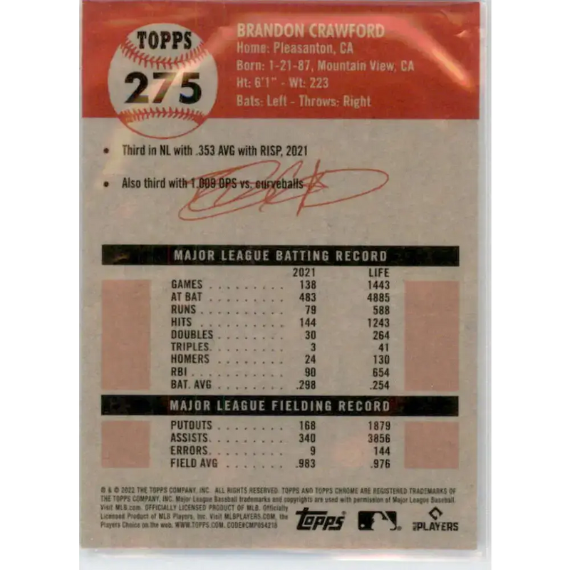 2022 Topps Chrome Platinum Anniversary #275 Brandon Crawford NM-MT San Francisco Giants Baseball Card - Baseball Card