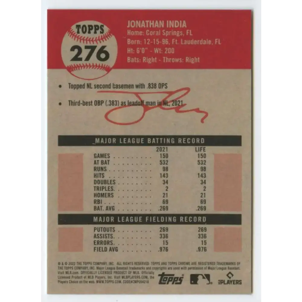 2022 Topps Chrome Platinum Anniversary #276 Jonathan India NM-MT Cincinnati Reds Baseball Card - Baseball Card Single
