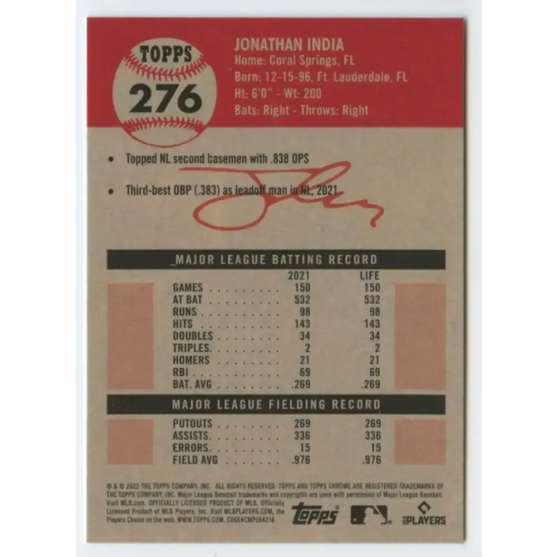 2022 Topps Chrome Platinum Anniversary #276 Jonathan India NM-MT Cincinnati Reds Baseball Card - Baseball Card Single