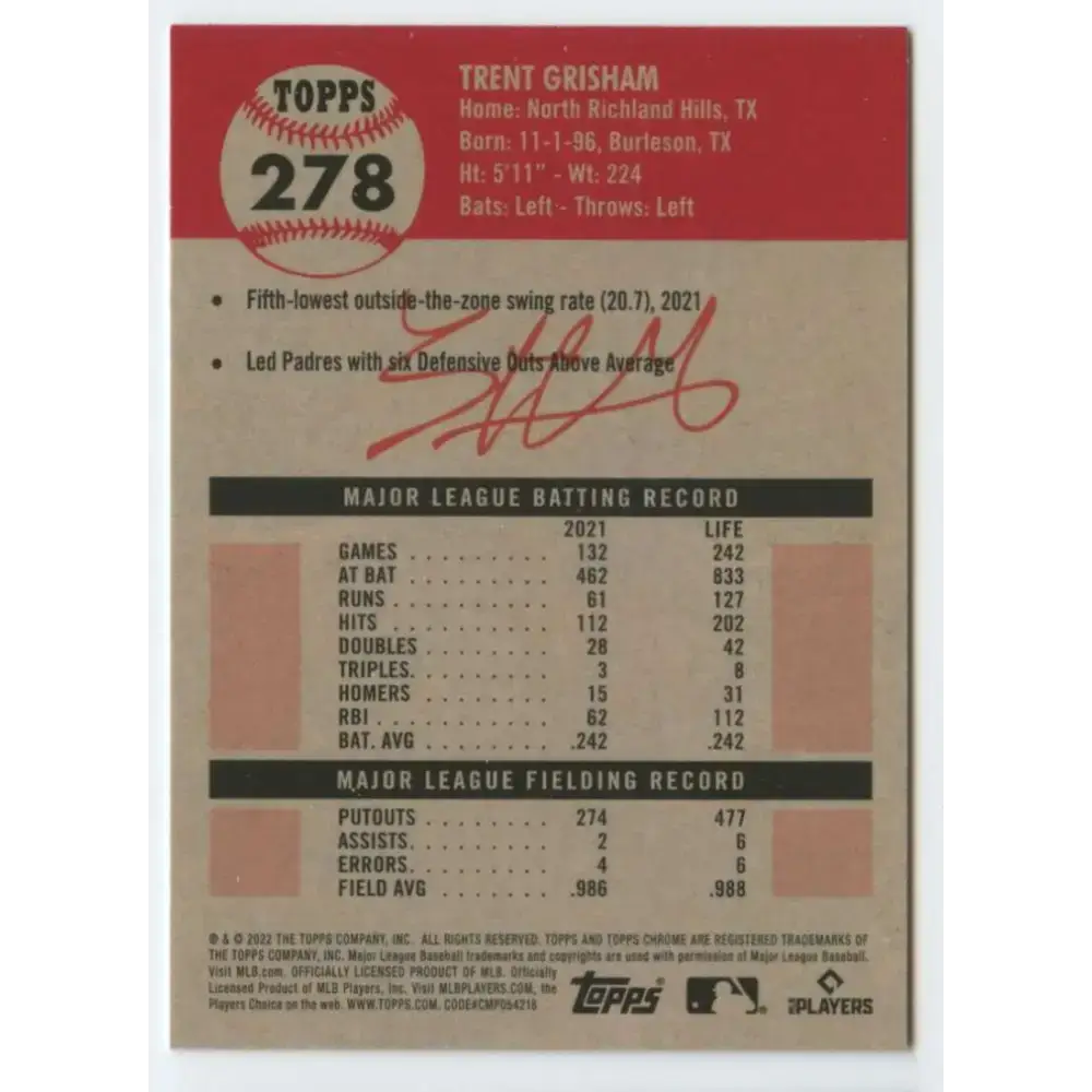 2022 Topps Chrome Platinum Anniversary #278 Trent Grisham NM-MT San Diego Padres Baseball Card - Baseball Card Single