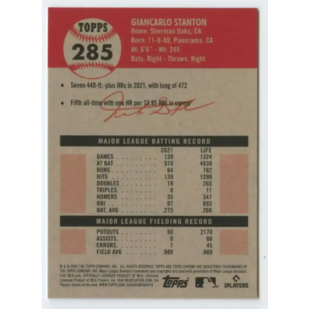 2022 Topps Chrome Platinum Anniversary #285 Giancarlo Stanton NM-MT New York Yankees Baseball Card - Baseball Card