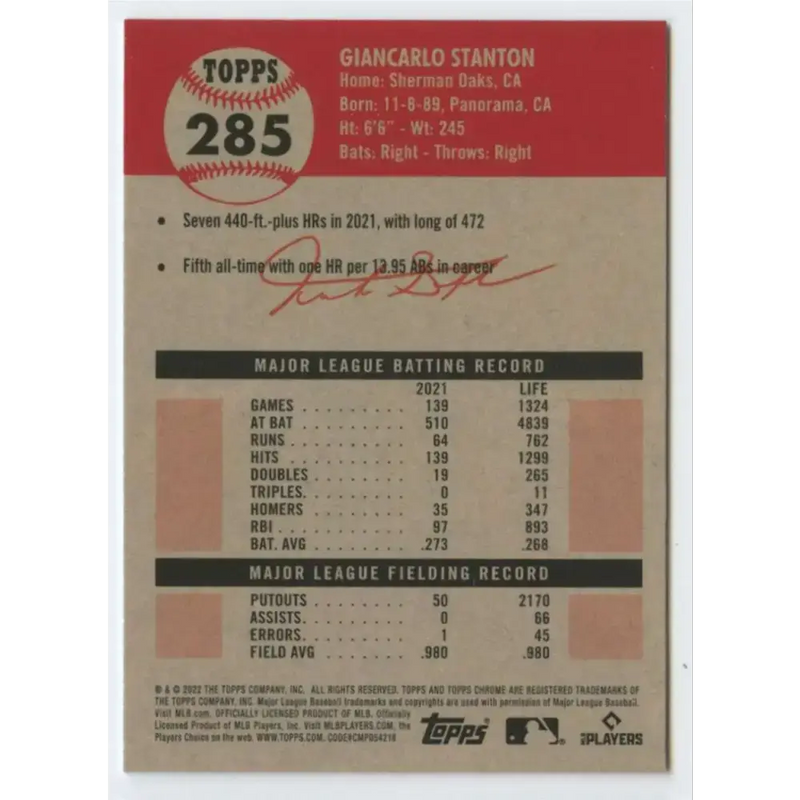 2022 Topps Chrome Platinum Anniversary #285 Giancarlo Stanton NM-MT New York Yankees Baseball Card - Baseball Card
