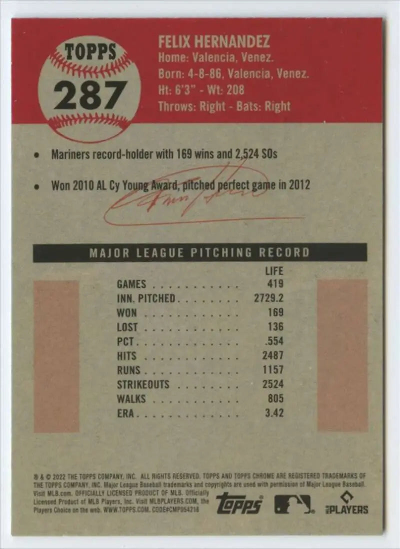 2022 Topps Chrome Platinum Anniversary #287 Felix Hernandez EX Excellent Seattle Mariners Baseball Card - Baseball Card