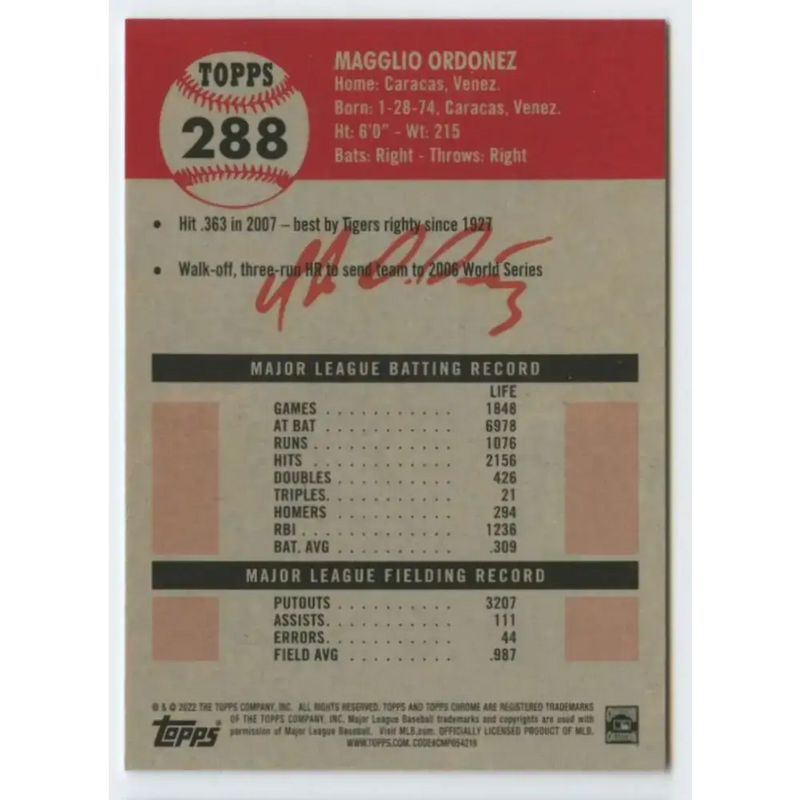 2022 Topps Chrome Platinum Anniversary #288 Magglio Ordonez NM-MT Detroit Tigers Baseball Card - Baseball Card Single