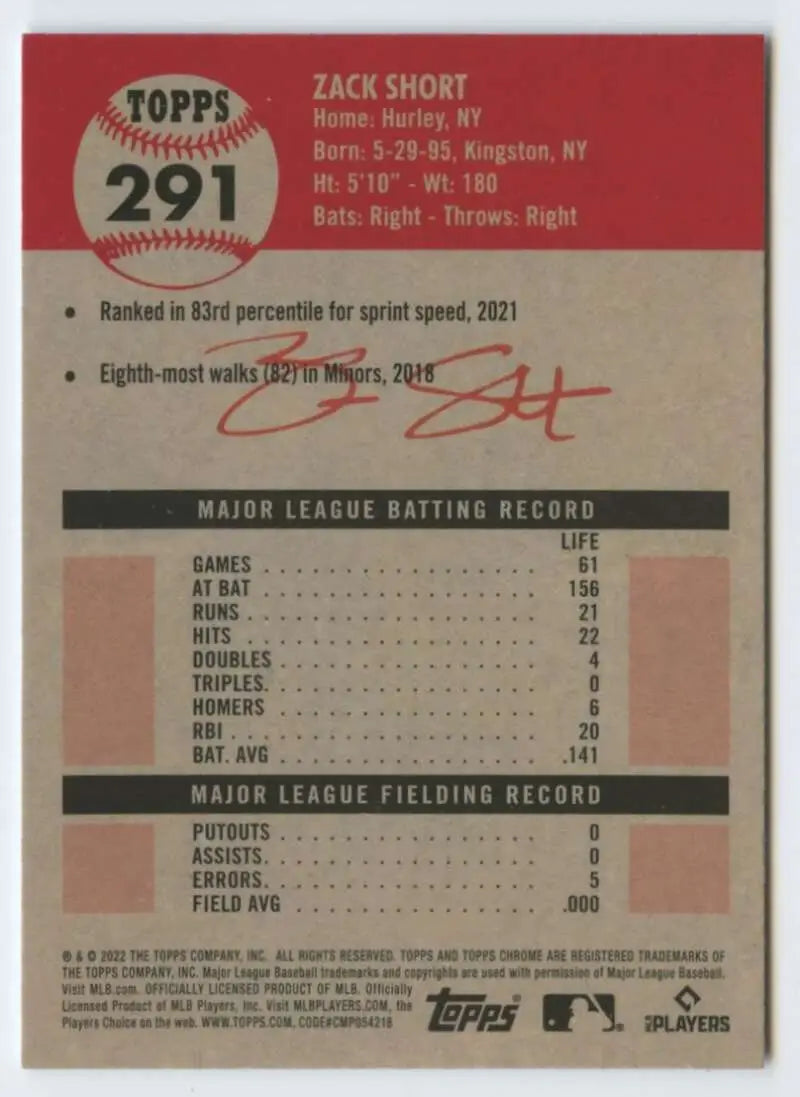 2022 Topps Chrome Platinum Anniversary #291 Zack Short EX Excellent RC Rookie Detroit Tigers Baseball Card - Baseball