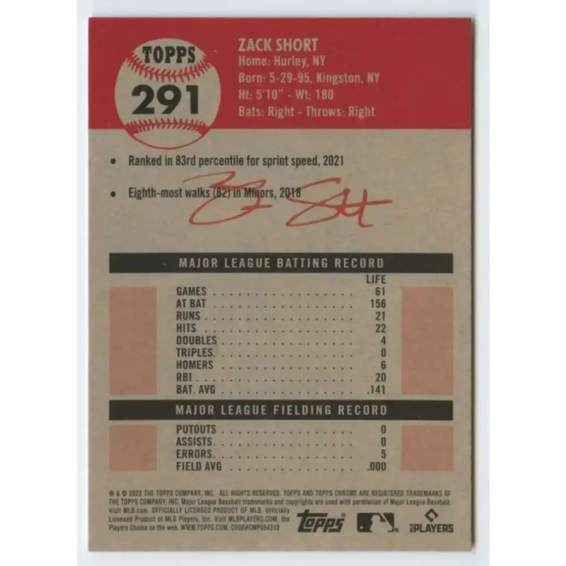 2022 Topps Chrome Platinum Anniversary #291 Zack Short NM-MT RC Rookie Detroit Tigers Baseball Card - Baseball Card
