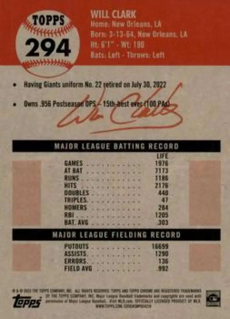 2022 Topps Chrome Platinum Anniversary #294 Will Clark EX Excellent San Francisco Giants Baseball Card - Baseball Card