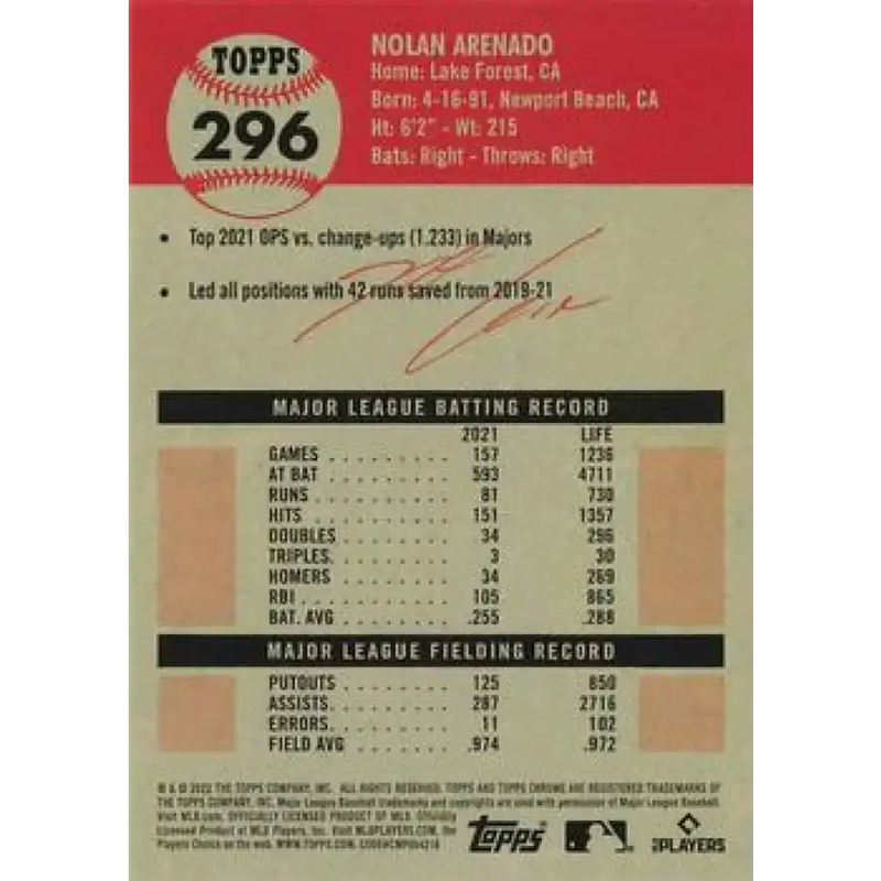 2022 Topps Chrome Platinum Anniversary #296 Nolan Arenado NM-MT St. Louis Cardinals Baseball Card - Baseball Card Single