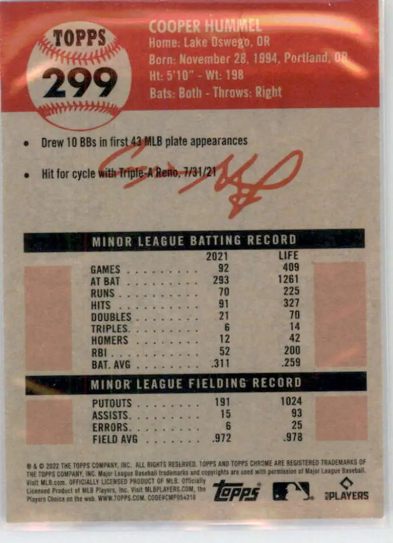 2022 Topps Chrome Platinum Anniversary #299 Cooper Hummel EX Excellent RC Rookie Arizona Diamondbacks Baseball Card