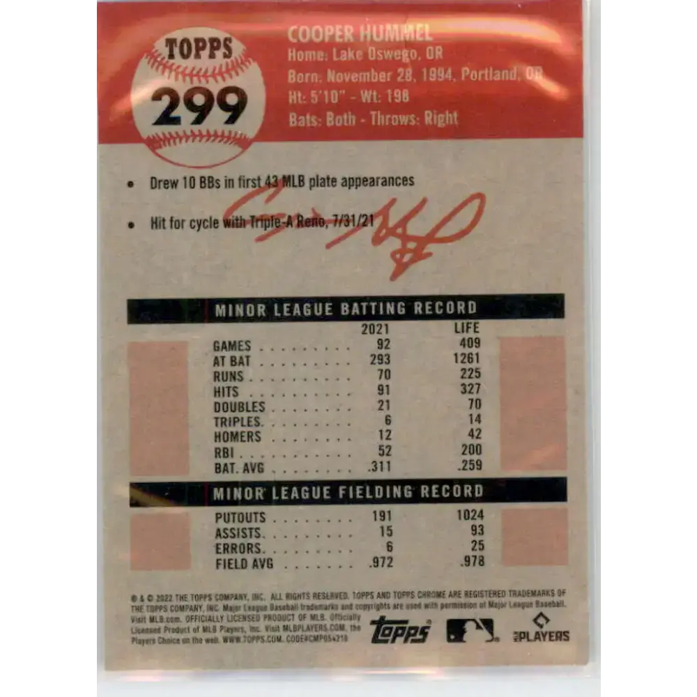 2022 Topps Chrome Platinum Anniversary #299 Cooper Hummel NM-MT RC Rookie Arizona Diamondbacks Baseball Card - Baseball