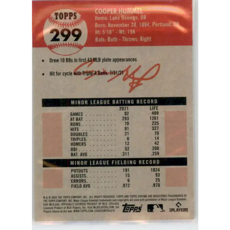 2022 Topps Chrome Platinum Anniversary #299 Cooper Hummel NM-MT RC Rookie Arizona Diamondbacks Baseball Card - Baseball