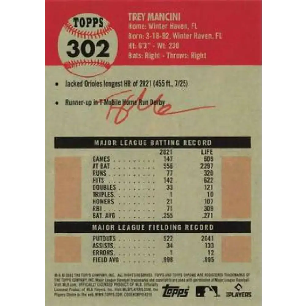 2022 Topps Chrome Platinum Anniversary #302 Trey Mancini NM-MT Baltimore Orioles Baseball Card - Baseball Card Single