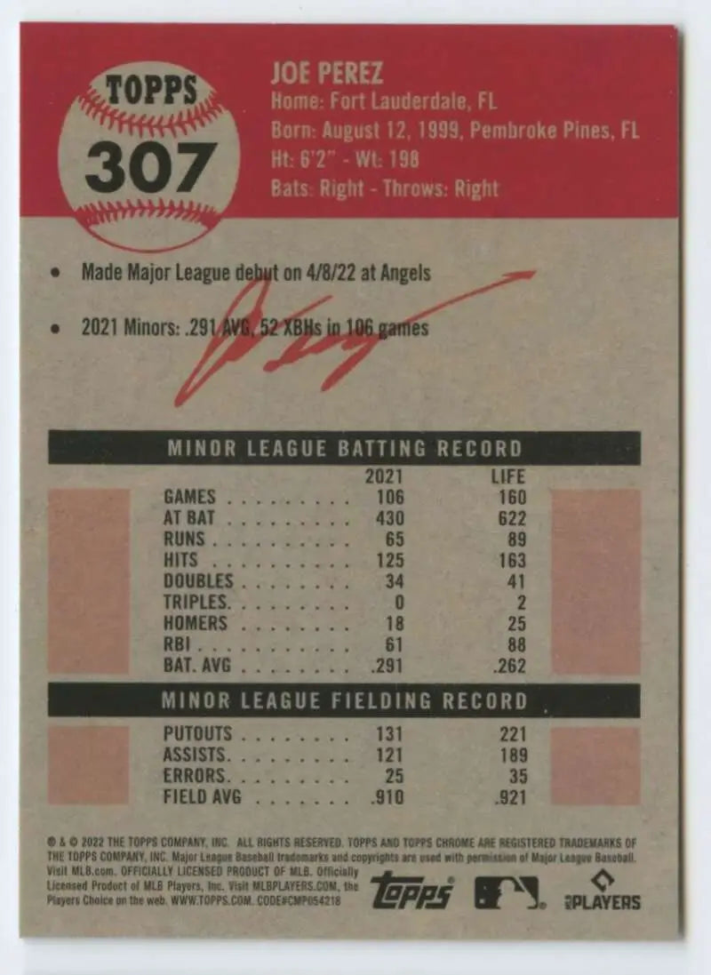 2022 Topps Chrome Platinum Anniversary #307 Joe Perez EX Excellent RC Rookie Houston Astros Baseball Card - Baseball
