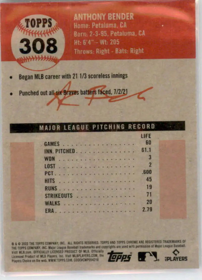 2022 Topps Chrome Platinum Anniversary #308 Anthony Bender EX Excellent RC Rookie Miami Marlins Baseball Card