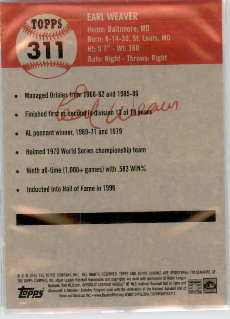 2022 Topps Chrome Platinum Anniversary #311 Earl Weaver EX Excellent Baltimore Orioles Baseball Card - Baseball Card