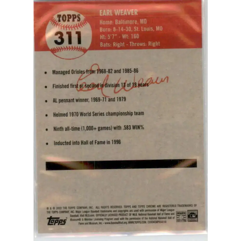 2022 Topps Chrome Platinum Anniversary #311 Earl Weaver NM-MT Baltimore Orioles Baseball Card - Baseball Card Single