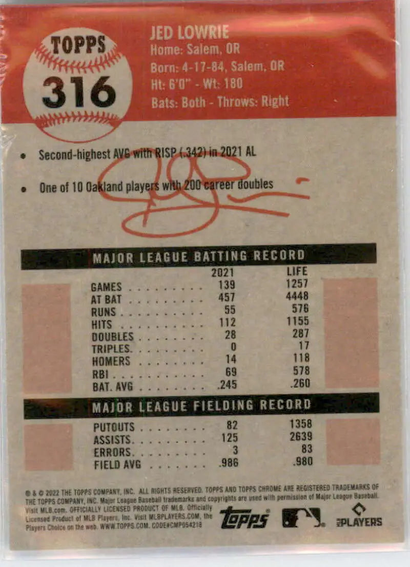 2022 Topps Chrome Platinum Anniversary #316 Jed Lowrie EX Excellent Oakland Athletics Baseball Card - Baseball Card
