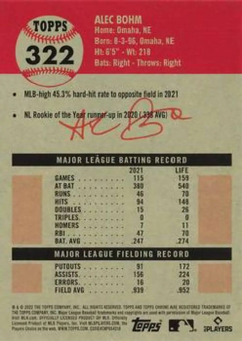 2022 Topps Chrome Platinum Anniversary #322 Alec Bohm EX Excellent Philadelphia Phillies Baseball Card - Baseball Card