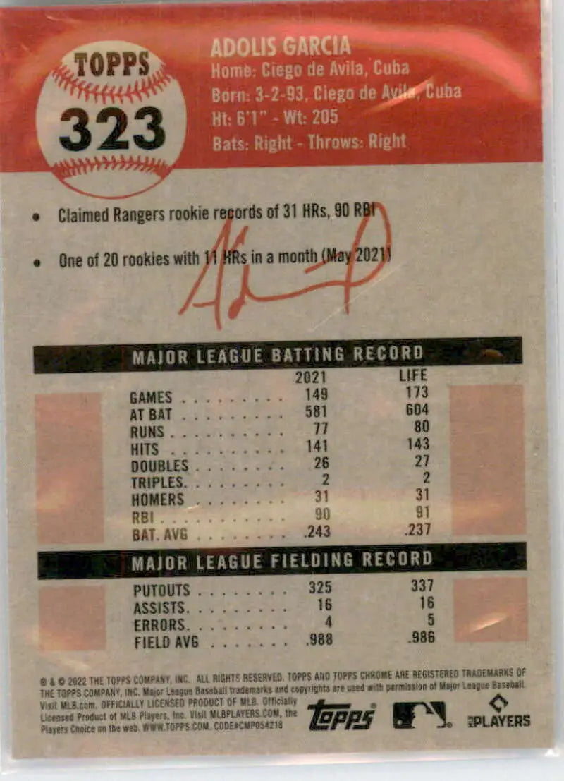 2022 Topps Chrome Platinum Anniversary #323 Adolis Garcia EX Excellent Texas Rangers Baseball Card - Baseball Card