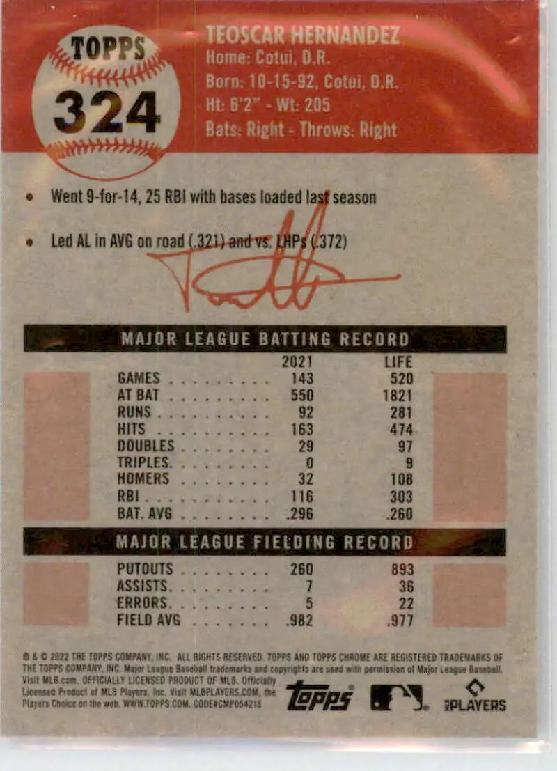 2022 Topps Chrome Platinum Anniversary #324 Teoscar Hernandez EX Excellent Toronto Blue Jays Baseball Card - Baseball