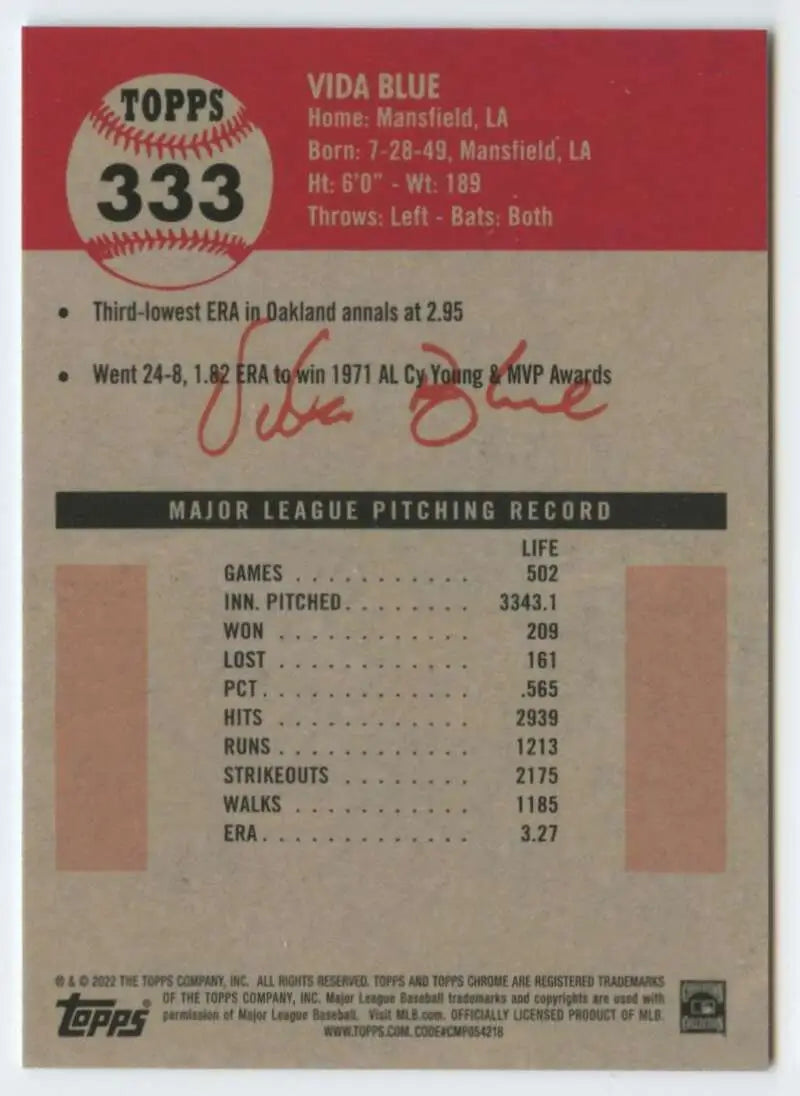 2022 Topps Chrome Platinum Anniversary #333 Vida Blue EX Excellent Oakland Athletics Baseball Card - Baseball Card