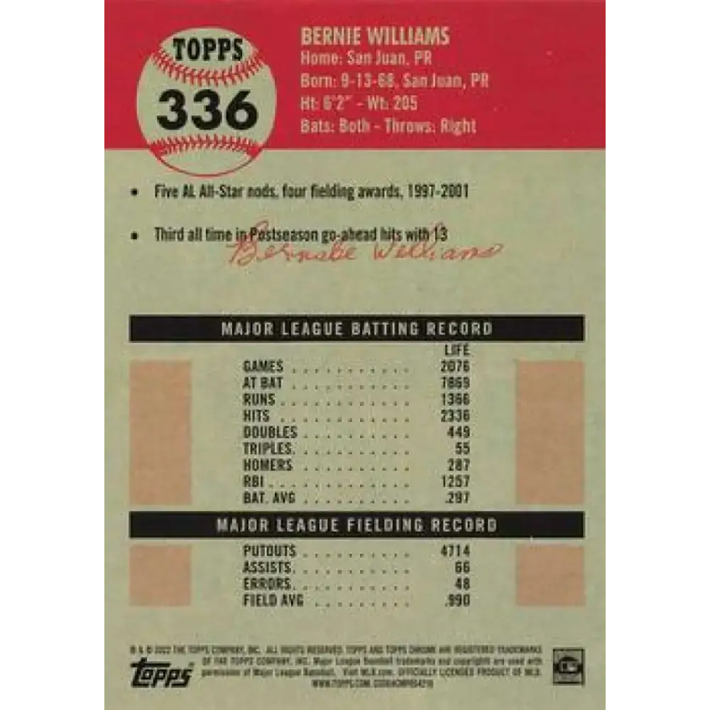 2022 Topps Chrome Platinum Anniversary #336 Bernie Williams NM-MT New York Yankees Baseball Card - Baseball Card Single