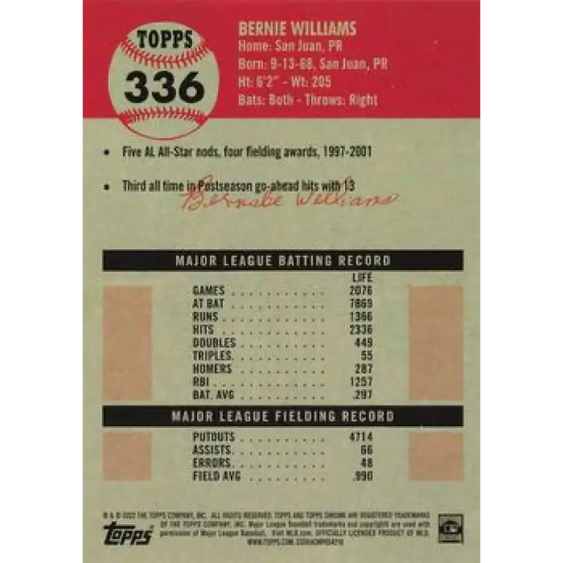 2022 Topps Chrome Platinum Anniversary #336 Bernie Williams NM-MT New York Yankees Baseball Card - Baseball Card Single