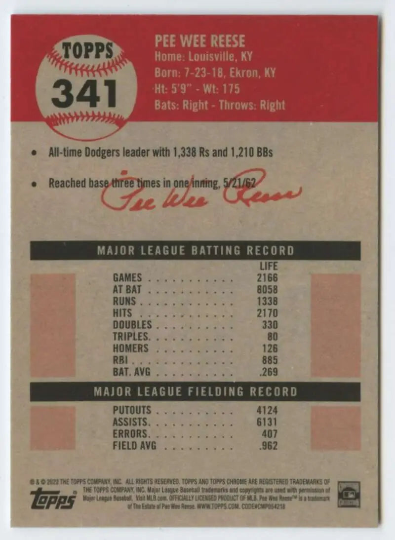 2022 Topps Chrome Platinum Anniversary #341 Pee Wee Reese EX Excellent Brooklyn Dodgers Baseball Card - Baseball Card