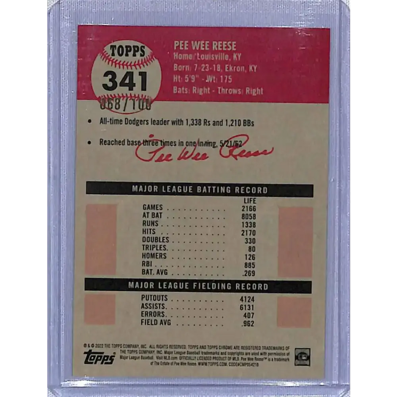 2022 Topps Chrome Platinum Anniversary #341 Pee Wee Reese Fuchsia Atomic Refractor #/100 NM-MT Baseball Card - Baseball