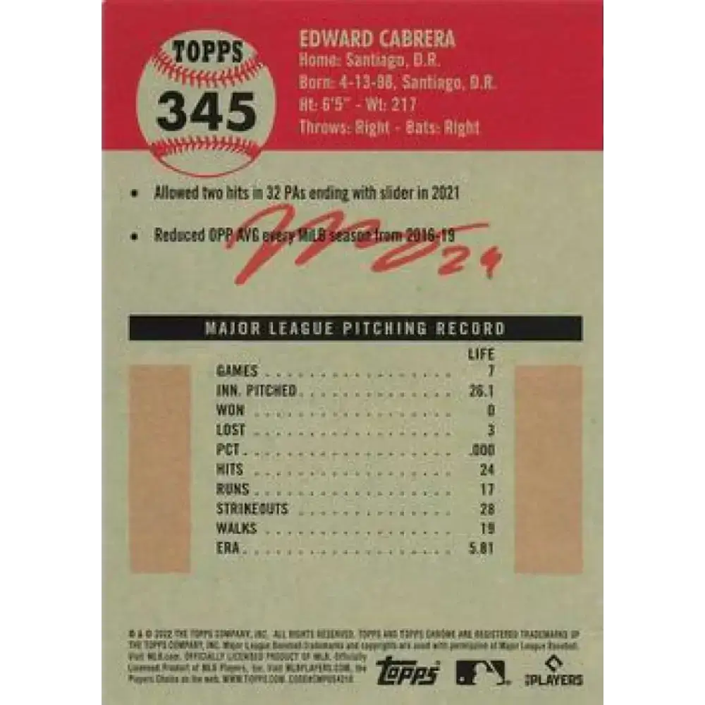 2022 Topps Chrome Platinum Anniversary #345 Edward Cabrera NM-MT RC Rookie Miami Marlins Baseball Card - Baseball Card