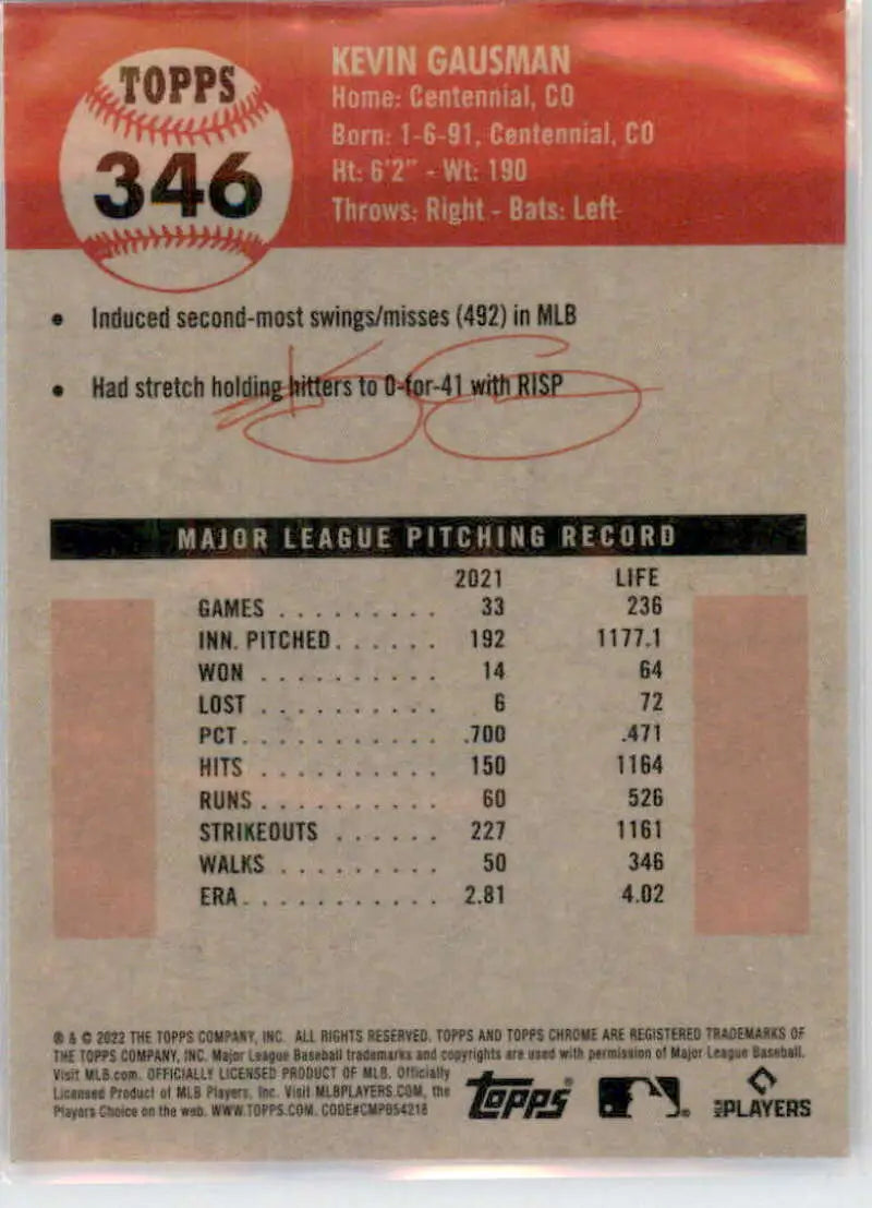 2022 Topps Chrome Platinum Anniversary #346 Kevin Gausman EX Excellent Toronto Blue Jays Baseball Card - Baseball Card