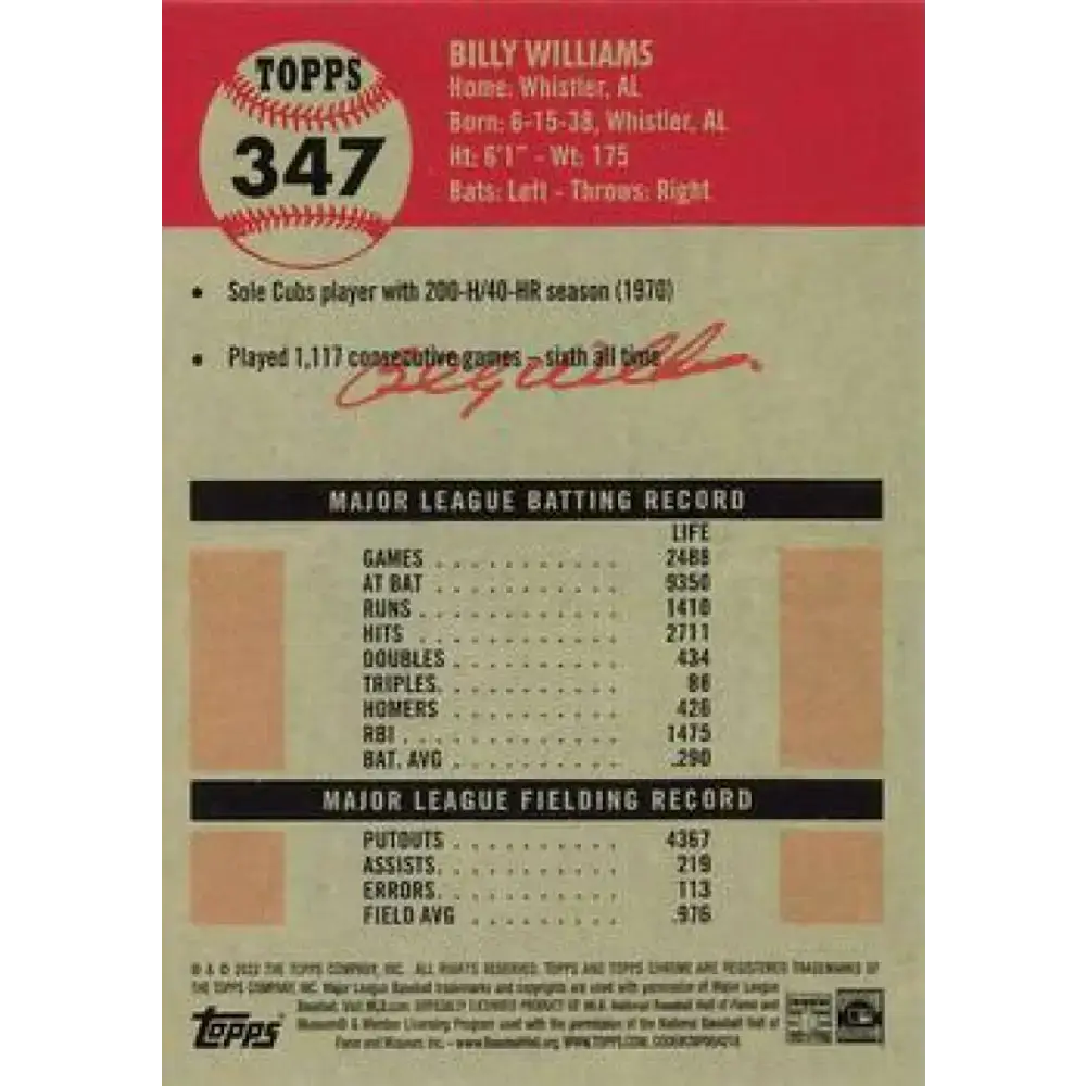 2022 Topps Chrome Platinum Anniversary #347 Billy Williams NM-MT Chicago Cubs Baseball Card - Baseball Card Single