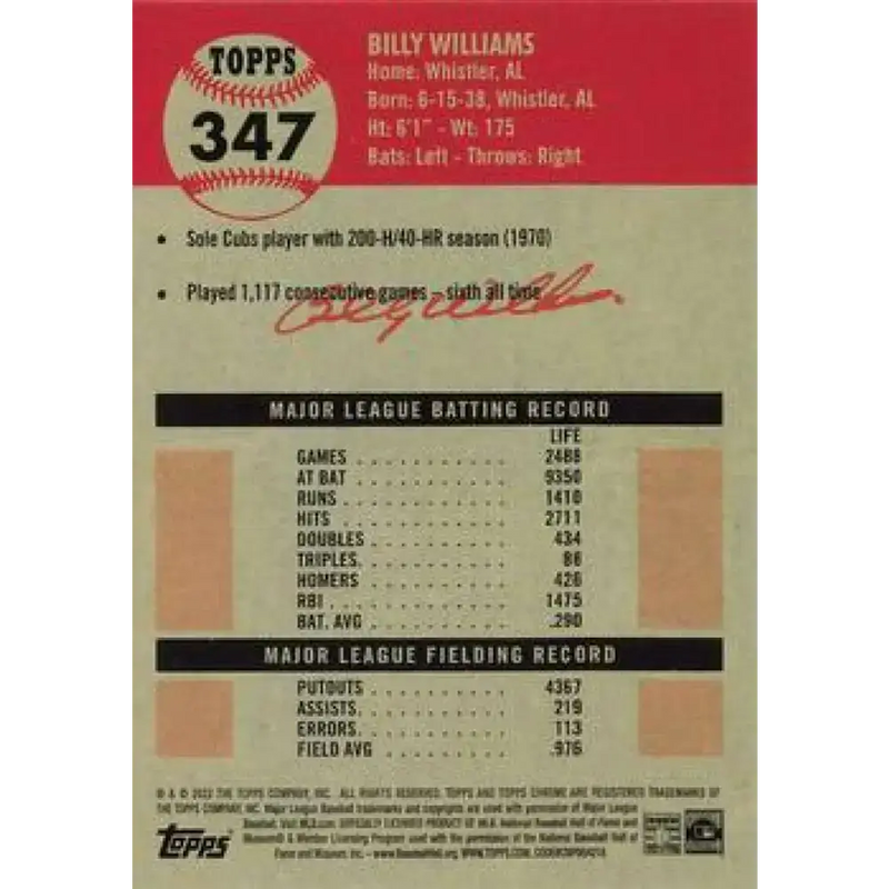 2022 Topps Chrome Platinum Anniversary #347 Billy Williams NM-MT Chicago Cubs Baseball Card - Baseball Card Single
