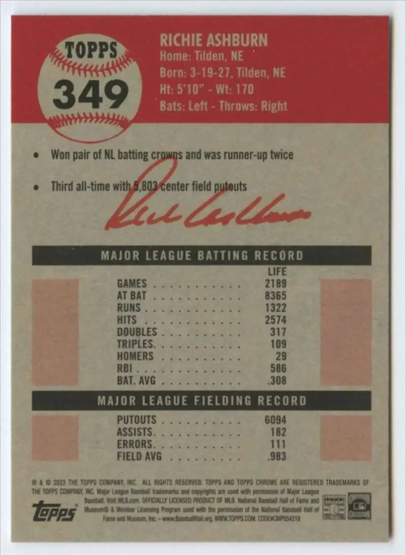 2022 Topps Chrome Platinum Anniversary #349 Richie Ashburn EX Excellent Philadelphia Phillies Baseball Card - Baseball