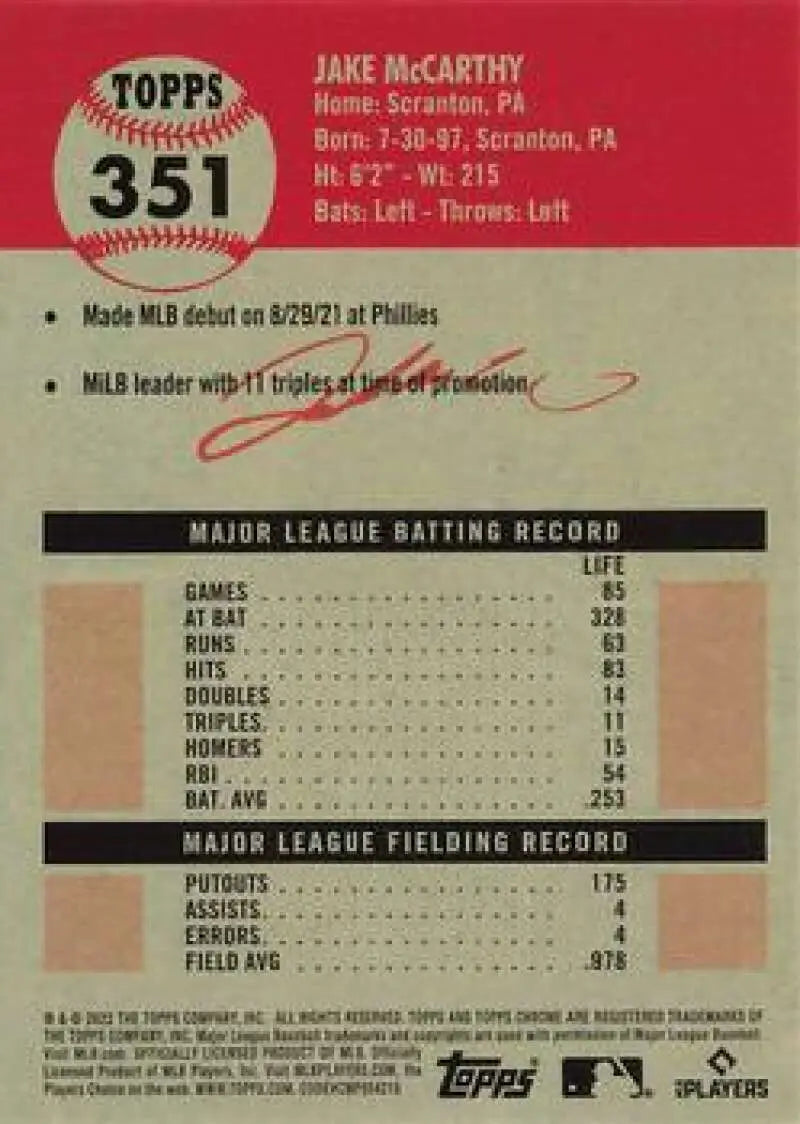2022 Topps Chrome Platinum Anniversary #351 Jake McCarthy EX Excellent RC Rookie Arizona Diamondbacks Baseball Card