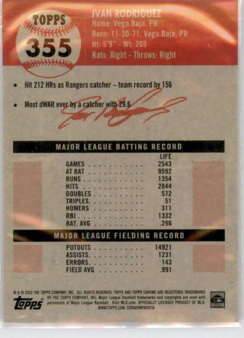 2022 Topps Chrome Platinum Anniversary #355 Ivan Rodriguez EX Excellent Texas Rangers Baseball Card - Baseball Card