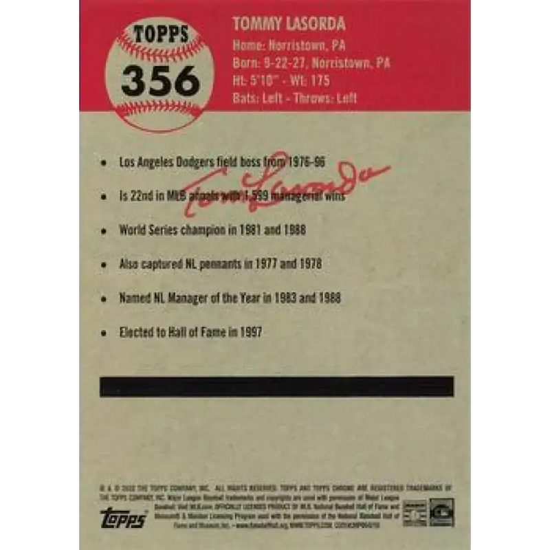 2022 Topps Chrome Platinum Anniversary #356 Tommy Lasorda NM-MT Los Angeles Dodgers Baseball Card - Baseball Card Single