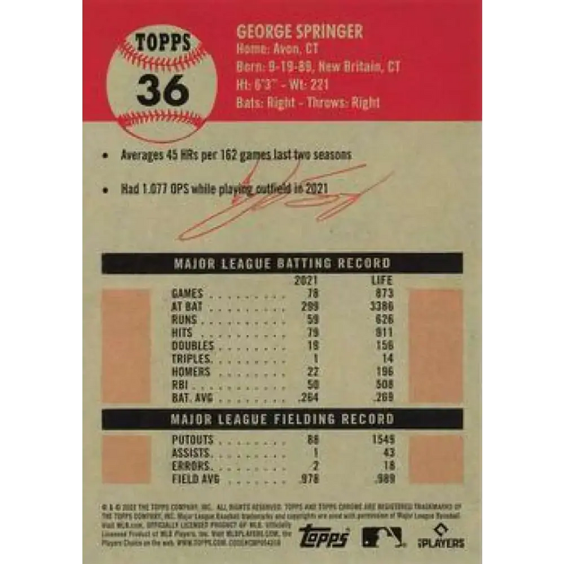 2022 Topps Chrome Platinum Anniversary #36 George Springer NM-MT Toronto Blue Jays Baseball Card - Baseball Card Single